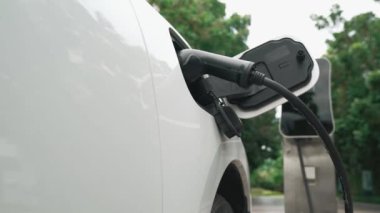 Elektrikli araba parkı ve şarj istasyonunun yanında şarj edilen enerji konseptinin sürdürülebilirliği. Çevresel koruma için yenilenebilir enerji tarafından kullanılan elektrikli araç.