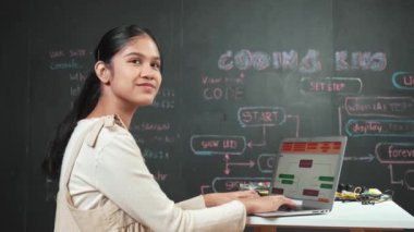 Akıllı kız karatahtadaki dizüstü bilgisayar kodlama ya da programlama sistemini kullanıyor. Bilgisayarda çalışan mutlu bir lise öğrencisi minyatür kalp gösteriyor ve BTMM sınıfında kameraya bakıyor. Öğretim