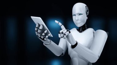 Robot hominoid use mobile phone or tablet for big data analytic using AI thinking brain , artificial intelligence and machine learning process for the 4th fourth industrial revolution . 3D rendering.