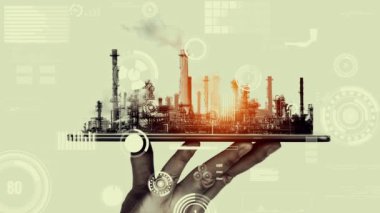Geleceğin fabrikası ve yaratıcı grafik tasarımında yaratıcı enerji endüstrisi konsepti. Petrol, gaz ve petrokimyasal rafineri fabrikası. Hologramı yeni nesil enerji ve enerji sektörünü gösteriyor..