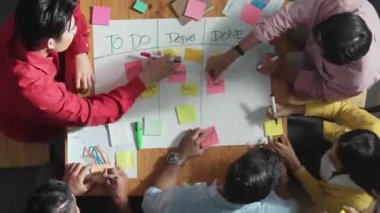 İnsanların renkli yapışkan notlarda pazarlama ve planlama stratejisi yazarken ve kargaşa yaratırken zaman aşımı görev tahtası oluşturmaları. Akıllı takım Kanaban tahtasını kullanarak iş performansını yönetir. Cemaat.