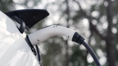 Doğal yeşil şehir parkındaki otoparkta EV elektrikli araba şarj pili. Sürdürülebilir ve çevre dostu şehir yolculuğu için yenilenebilir otomobil için alternatif temiz enerji teknolojisi. Titiz