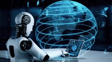 Internet connection controlled by AI robot huminoid and machine learning process to analyze data connectivity and cyber security . 3D rendering .