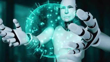 AI hominoid robot holding virtual hologram screen showing concept of big data analytic using artificial intelligence thinking by machine learning process. 3D rendering.