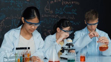 Akıllı genç kız kimya teorisi ile tahtayı dikkatlice incelerken mikroskop altında numune bırakıyor. Profesyonel bilim adamı tüpün içine kimyasal madde döker ve deney için hazırlanır. Öğretim.
