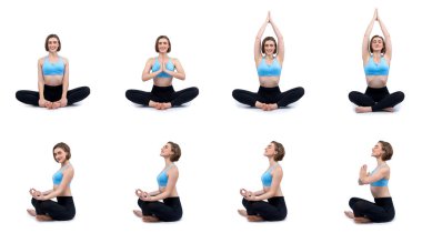 Spor giyim sektöründe sağlıklı ve aktif bir genç kadın. Yoga antrenmanlarında farklı pozisyonlarda. İzole edilmiş arka plan üzerine meditasyon yoga egzersizi. Tam vücut uzunluğunda çekim..