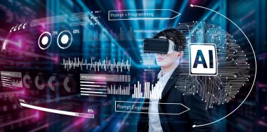 Yapay zeka yardımıyla veri merkezinde duran kulaklıklı bir iş adamı. Proje yöneticisi holograma bakıyor ve pazarlama stratejisi planlamak için artırılmış gerçeklik gözlüğü ve yapay zeka sohbeti kullanıyor. Yaratıcılık.