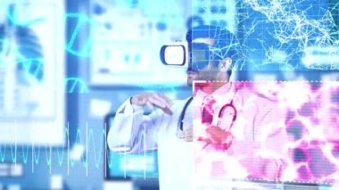 DNA hologramına bakarken genetik semptomları açıklayan ve paylaşan yetenekli bir tıp çalışanı. Kalp semptomu teşhis edilirken VR kulaklık takan profesyonel bir doktor. Teknoloji. Aygıt.