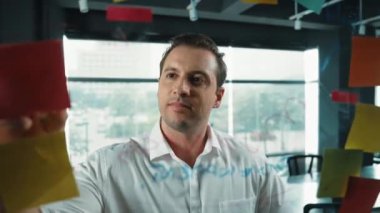 Profesyonel erkek lider yapışkan notlar üzerine pazarlama fikri yazıyor. Kafkasyalı işadamı cam duvarda renkli yapışkan notlar kullanırken pazarlama kampanyasını düşünüyor. - Yakın çekim. Yönlendirici.