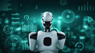 Future financial technology controll by AI robot huminoid uses machine learning and artificial intelligence to analyze business data and give advice on investment and trading decision . 3D rendering .
