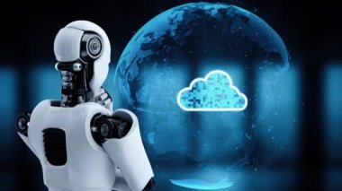 AI robot huminoid uses cloud computing technology to store data on online server . Futuristic concept of cloud information storage analyzed by machine learning process . 3D rendering .