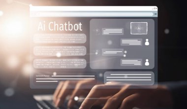 Yapay zeka sanal asistanı Chatbot ile yapay zeka konsepti ile insan etkileşimi, yapay zeka mühendisliği, LLM yapay zeka derin öğrenimi iş desteği için üretken yapay zeka kullanımı. EIDE