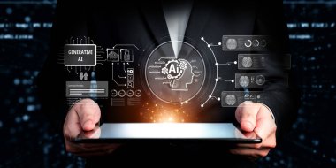 Yapay zeka sanal asistanı Chatbot ile yapay zeka konsepti ile insan etkileşimi, yapay zeka mühendisliği, LLM yapay zeka derin öğrenimi iş desteği için üretken yapay zeka kullanımı. FaaS