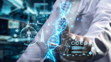 Doktorun oturduğu yeri kapatın ve DNA örneği hologramının yüzdüğünü ve tıbbi verilere erişimini gösterin. Teknoloji yeniliklerini kullanarak genetik bozuklukları kontrol eden profesyonel bir tıp çalışanı. İyileştirici.