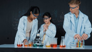 Zeki kız deney yapmak için heyecanlanan çeşitli öğrenciler iken beher kabına renkli solüsyon döker. Profesyonel bilim adamı kimyasal teoriyle kara tahtada deney yapmaya hazırlanıyor. Öğretim.