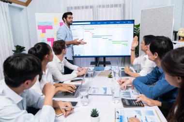 Proje yöneticisi monitörde proje yönetimi yazılım görüntülemesi, proje görevinin ilerlemesini izlemek ve toplantı masasında program planı yapmak suretiyle ekiple iletişim kurar ve işbirliği yapar. Tedbirli
