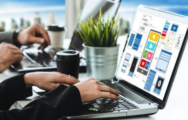 Model mobil uygulama ve web sitesi için UX UI tasarım süreci. Profesyonel uygulama geliştiricisi için kablo grafiğinin yaratıcı prototipi .