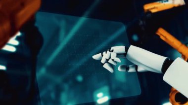 Cybernated industry robot and robotic arms for assembly in factory production . Concept of artificial intelligence for industrial revolution and automation manufacturing process .