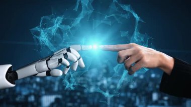 Gelecekçi robot yapay zeka yapay zeka yapay zekayı aydınlatıyor ve makine öğrenme kavramını geliştiriyor. İnsan hayatının geleceği için küresel robot kuantum bilimi araştırması. 3B görüntüleme grafiği.