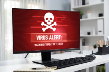 Bilgisayar ekranındaki virüs uyarısı canlı siber tehdit, hacker, bilgisayar virüsü ve kötü amaçlı yazılım tespit etti
