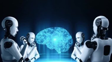 Yapay zeka robotunun hologram ekranını analiz etmesi yapay zeka ve yapay zeka kavramını makine öğrenme süreciyle gösterecektir. 3B görüntüleme.