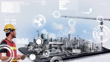 Yenilikçi mimari ve yaratıcı inşaat mühendisliği inşaat projesi. Mimar, işçi ve mühendis tarafından yapılan yaratıcı grafik tasarımı altyapı şehir binası kavramını gösteriyor.