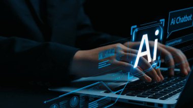 Yapay zeka sanal asistanı Chatbot ile yapay zeka konsepti ile insan etkileşimi, yapay zeka mühendisliği, LLM yapay zeka derin öğrenimi iş desteği için üretken yapay zeka kullanımı. Kullanıcı Kimliği