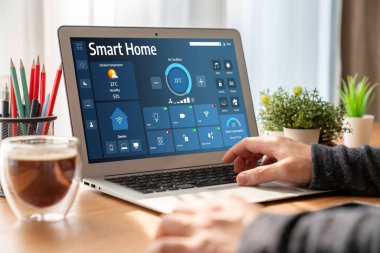 Smart home technology, centric remote control system with digital dashboard for air conditioning, safety security network or house automation. App software, ui panel programming IOT monitor snugly