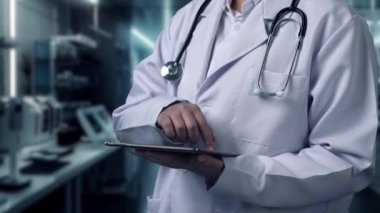 Doktorun elinde tabletle laboratuarda yüzen hologramla görüntüsünü kapatın. İnsan anatomisini incelemek için teknolojiyi kullanan bir tıp çalışanı. HUD Gösterge Paneli Tüm Vücut. İyileştirici.