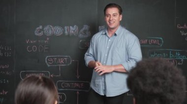 Çeşitli öğrenciler mutlulukla kollarını kaldırırken yakışıklı öğretmen başarılı bir projeyi kutlamak için el çırpıyor. Eğitmen liseli çocukları programlama eğitimine ilham vermek için alkışladı