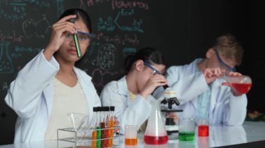 Öğrenci tahtada teoriyle deney yaparken güzel bir kız mikroskop altında araştırma yapıyor. Genç bilim adamı renkli çözeltiyi deneysel ekipmanlarla inceledi. Öğretim