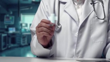 Doktorun elinde tabletle masada otururken laboratuvarda yüzen tıbbi çapraz holograma işaret ederken yakın plan. Pratisyen hekim tedavi için hazırlanırken tıbbi verileri inceliyor. İyileştirici.