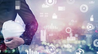 Gelecekteki bina inşaatı ve HUD hologram grafik tasarımı ile yaratıcı mühendislik projesi konsepti. İnşaat mühendisi, mimar ya da inşaat işçisi modern sivil teknoloji ile çalışıyor..