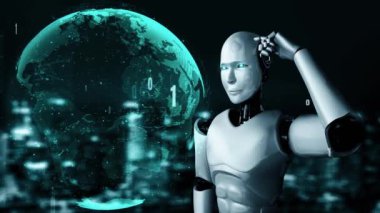 Futuristic robot artificial intelligence huminoid AI programming coding technology development and machine learning concept. Robotic bionic science research for future of human life. 3D rendering.