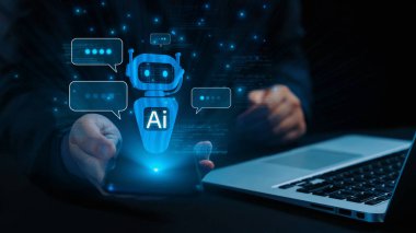 Yapay zeka sanal asistanı Chatbot ile yapay zeka konsepti ile insan etkileşimi, yapay zeka mühendisliği, LLM yapay zeka derin öğrenimi iş desteği için üretken yapay zeka kullanımı. Kullanıcı Kimliği