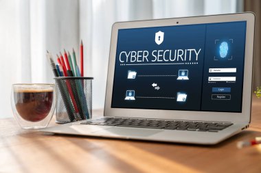 Bilgisayar ekranındaki siber güvenlik sistemi özel bilgileri bilgisayar korsanlarından ve siber saldırılardan koruyor.