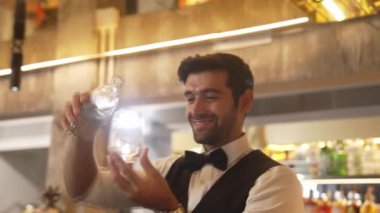 Lüks barlarda cin fiz ya da tonik servisi yapan gülümseyen akıllı barmen, güzel VIP müşterilerle sıcak gece klübünün arka plan atmosferinde canlı sohbetler yapıyor. Vinosity.