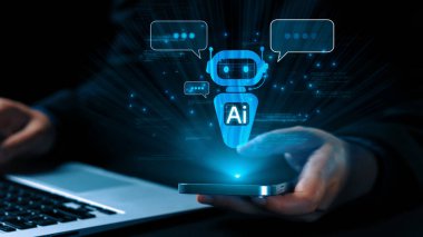 Yapay zeka sanal asistanı Chatbot ile yapay zeka konsepti ile insan etkileşimi, yapay zeka mühendisliği, LLM yapay zeka derin öğrenimi iş desteği için üretken yapay zeka kullanımı. Kullanıcı Kimliği
