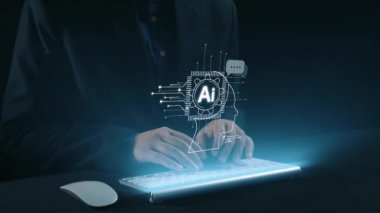 Yapay zeka mühendisliği, büyük veri ve yapay zeka makinesi kavramında yapay zeka beyin işlemcisiyle iş desteği için üretken yapay zeka kullanmayı öğrenen insan etkileşimi. Kullanıcı Kimliği