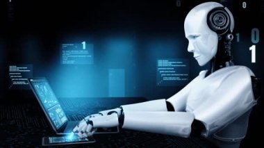Futuristic robot artificial intelligence huminoid AI programming coding technology development and machine learning concept. Robotic bionic science research for future of human life. 3D rendering.