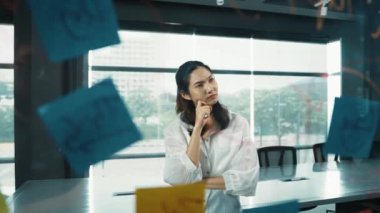 Güzel bayan lider cam tahtanın önünde projeye başlamayı düşünüyor. Gülümseyen genç proje yöneticisi yaratıcılık pazarlama stratejisini gösteren renkli yapışkan notlara bakıyor. Yönlendirici.