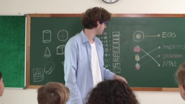 Kafkasyalı akıllı öğretmen, öğrenci tahtada dururken ve sınıfta dinleme eğitmeniyken öğretmenlik yapıyor. Mesleki çeşitlilikteki çocuklar tahtaya işaret eden öğretmenlere bakıyor. Eğitim. Pedagoji.