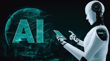 Robot hominoidler, 4. Sanayi Devrimi için yapay zeka ve makine öğrenme süreci kavramında cep telefonu veya tablet kullanırlar. 3B görüntüleme.