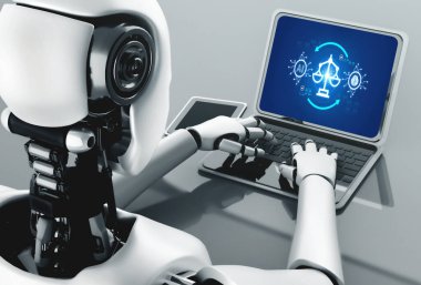 Robot insanımsı dizüstü bilgisayar kullanır ve yapay zeka, yapay zeka ve makine öğrenme sürecini kullanarak geleceğin ofisinde masada oturur. 4. Sanayi Devrimi 3 boyutlu illüstrasyon.