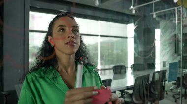 Genç İspanyol çalışanlar renkli yapışkan notlar yazıyorlar. Akıllı iş kadını pazarlama fikrini, beyin fırtınası stratejisini, iş planını paylaşıyor. Proje yöneticisi zihin haritası çiziyor. - Yakın çekim. Yönlendirici.