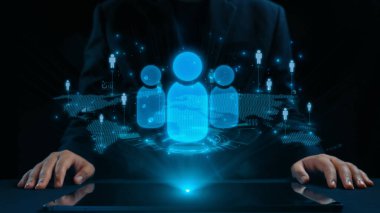 İş adamı ağ kurar, değerli bağlantılar kurar. Profesyonel ağı ve fırsatları genişletmek için etkili insan ağ oluşturma stratejileri UUID