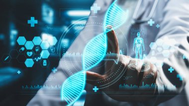 Doktorun oturduğu yeri kapatın ve DNA örneği hologramının yüzdüğünü ve tıbbi verilere erişimini gösterin. Teknoloji yeniliklerini kullanarak genetik bozuklukları kontrol eden profesyonel bir tıp çalışanı. İyileştirici.