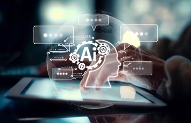 Yapay zeka sanal asistanı Chatbot ile yapay zeka konsepti ile insan etkileşimi, yapay zeka mühendisliği, LLM yapay zeka derin öğrenimi iş desteği için üretken yapay zeka kullanımı. EIDE