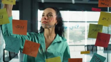 Zeki, profesyonel İspanyol iş kadınının portresi renkli yapışkan notlarla cam tahtaya pazarlama fikirleri yazıyor. Genç yönetici, analiz iş planının zihin haritasını çiziyor. - Yakın çekim. Yönlendirici.