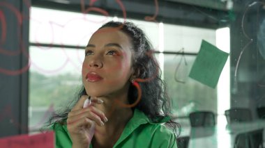 Genç İspanyol çalışanlar renkli yapışkan notlar yazıyorlar. Akıllı iş kadını pazarlama fikrini, beyin fırtınası stratejisini, iş planını paylaşıyor. Proje yöneticisi zihin haritası çiziyor. - Yakın çekim. Yönlendirici.